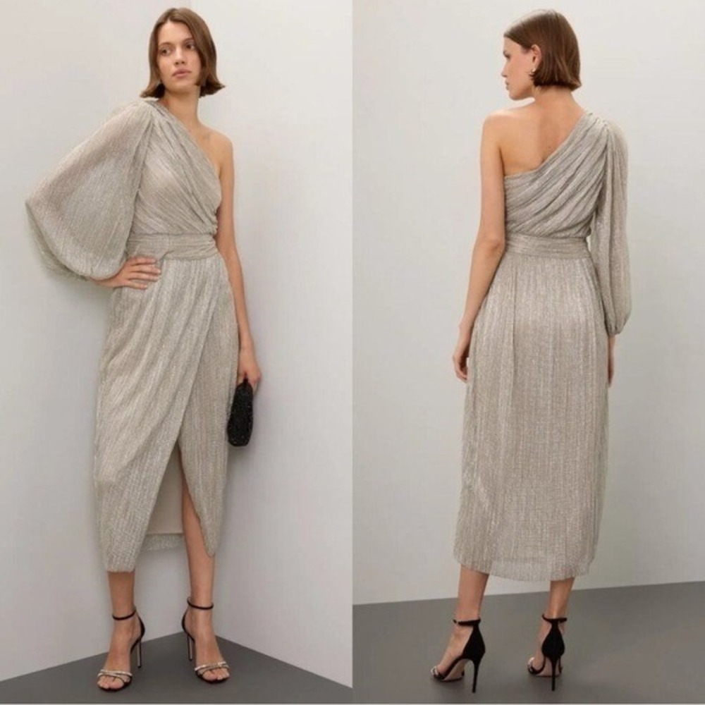 SAYLOR Alora One Shoulder Midi Dress Metallic Beige Gold Evening Formal S Read*